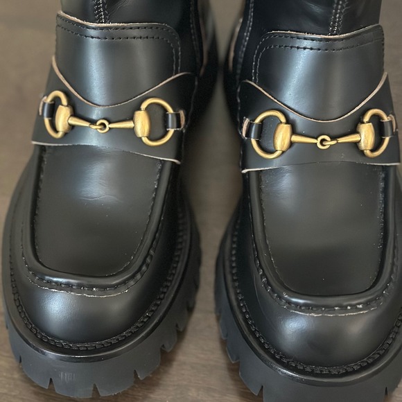 NIB Gucci Cordovan Lux Black Leather Horsebit Bee Embroidered Combat Boots 37.5 - Picture 9 of 15